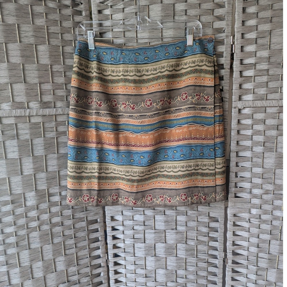 Vtg 90s Wrap Mini Skirt Multicolor Floral Striped Sz 10 Boho‎ Artsy Festival EUC